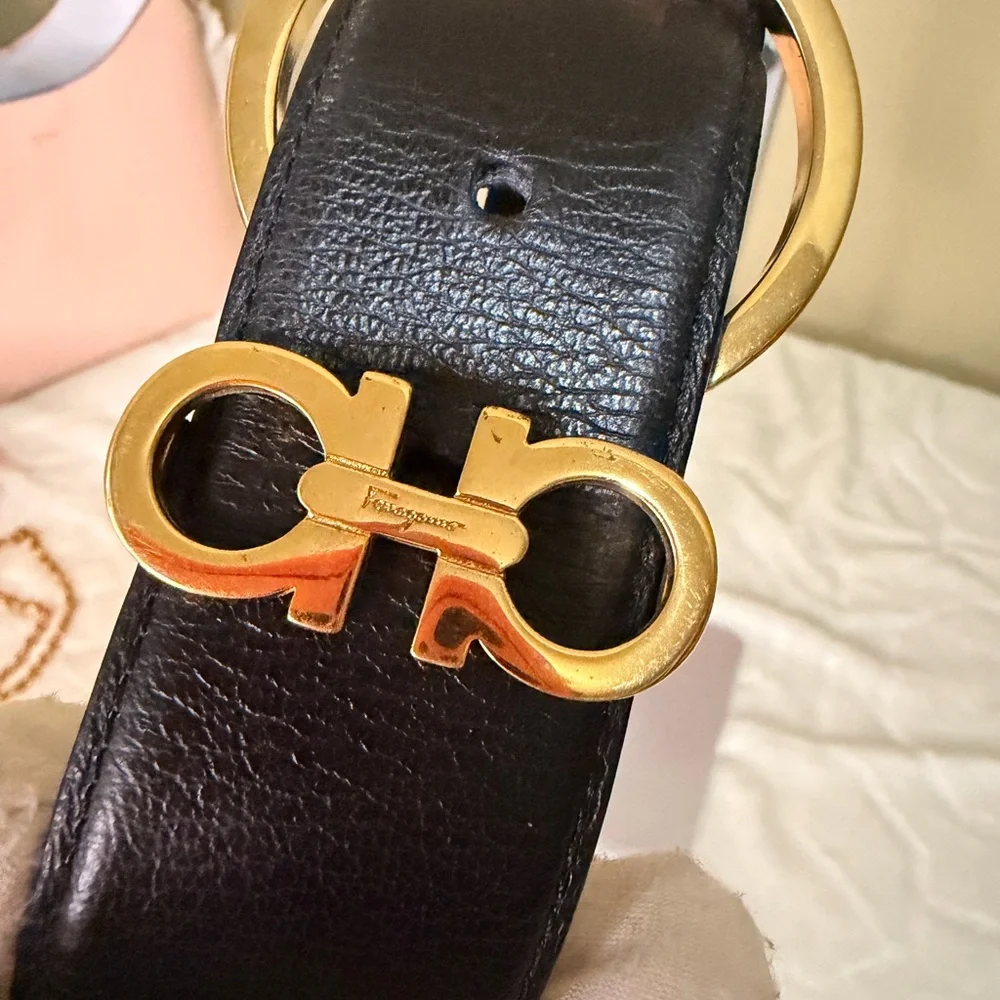 Salvatore Ferragamo Black Leather Belt with Gold Gancini Buckle